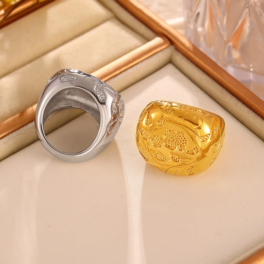 خاتم من الفولاذ المقاوم للصدأ مطلي بالذهب للنساء ، خواتم أنيقة بنسيج الزهور ، مجوهرات ساحرة مبالغ فيها ، بيع بالجملة - الصورة 5