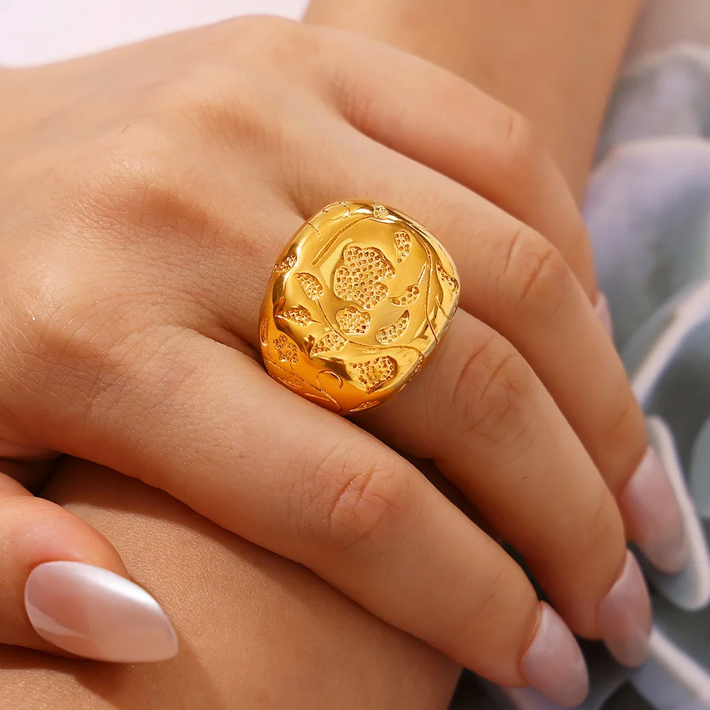 خاتم من الفولاذ المقاوم للصدأ مطلي بالذهب للنساء ، خواتم أنيقة بنسيج الزهور ، مجوهرات ساحرة مبالغ فيها ، بيع بالجملة - الصورة 2