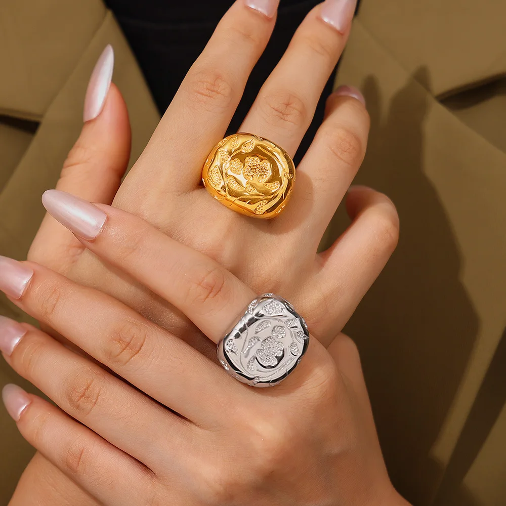 خاتم من الفولاذ المقاوم للصدأ مطلي بالذهب للنساء ، خواتم أنيقة بنسيج الزهور ، مجوهرات ساحرة مبالغ فيها ، بيع بالجملة - الصورة 3