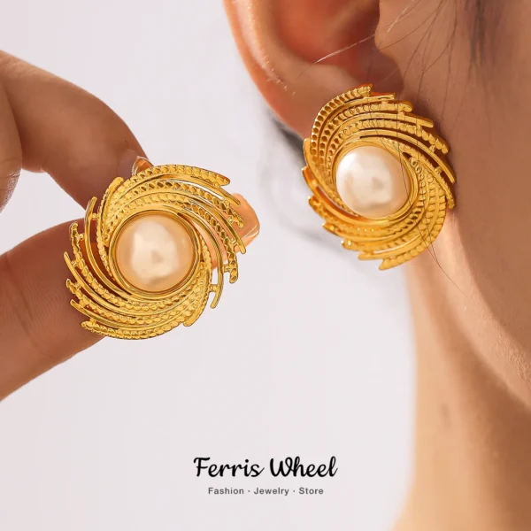 Dynamic Earrings For Women Roated Pearl Luxury Stainless Steel Vintage Gold Plated Waterproof Ear Stud Charm Jewelry Gift